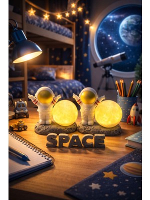 Seymen Bıçakçılık Astronot Ay Lambası 2’li Set Uzay Temalı Gece Lambası Çocuk Odası Dekoratif LED Masa Lambası