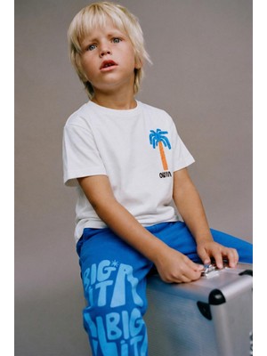 Magu Erkek Çocuk Pamuklu Beyaz Baskılı T-Shirt ve Mavi Eşofman Altı 2'li Takım