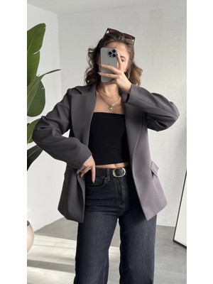 Asfa Moda Kadın Antrasit Oversize Blazer Ceket Tek Düğmeli Klasik Ofis Ceketi Şık Günlük Kumaş Ceket
