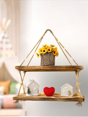 Brothers Craft Halatlı Ahşap Duvar Rafı 2 Katlı – Rustik Dekoratif Raf, El Yapımı Jüt Ipli Çam Raf