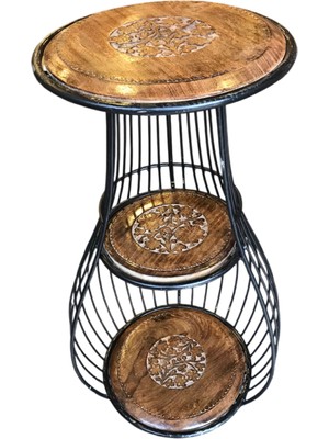 Otantik Çarşı Ahşap Ferforje 3 Katlı Sehpa 41X41X81 Cm.