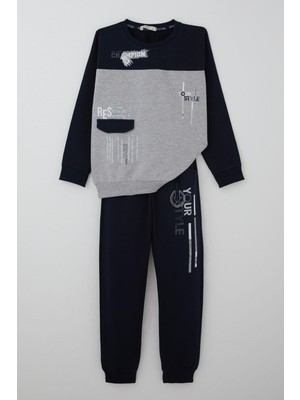 Breeze Erkek Çocuk Eşofman Takımı Cep Kapak Detaylı Yazı Baskılı 7-12 Yaş, Açık Gri Melanj
