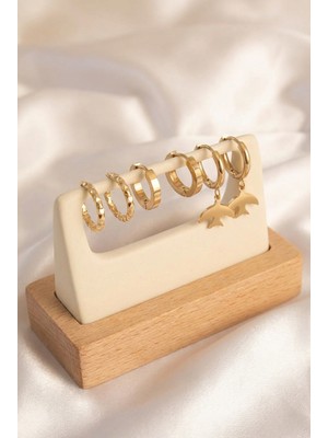 Lykos Çelik Gold Renk Oval Tasarım Kuş Model Küpe Seti