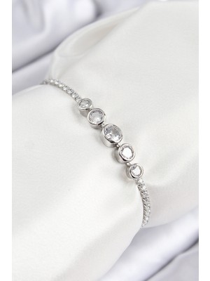 Vice Avm Pirinç Zirkon Taşlı Sıralı Daire Model Gümüş Renk Asansörlü Kadın Bileklik - TJ-BB7718 TG-V 10483