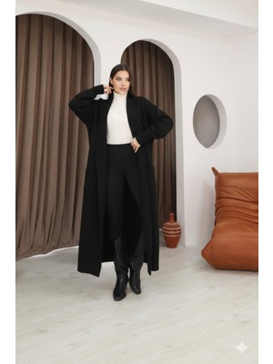 Elaxi Kadın Şal Yaka Cep Detaylı Uzun Triko Hırka