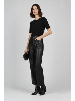 Deriderim Siyah Hakiki Deri Geniş Paça Kadın Pantolon
