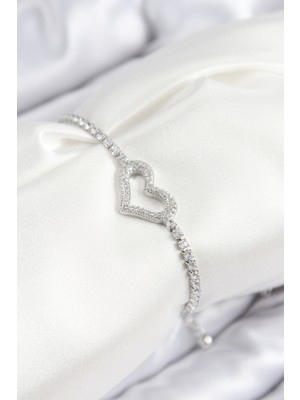 Vice Avm Pirinç Zirkon Taşlı Kalp Model Gümüş Renk Asansörlü Kadın Bileklik - TJ-BB7742 Tg-V 10504