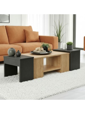 Misterium Axis 3'lü Zigonlu Orta Sehpa Seti - Safir Meşe Antrasit