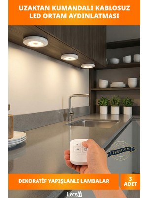 Letsii Uzaktan Kumandalı Yapışkanlı 3 Adet LED Spot Lamba