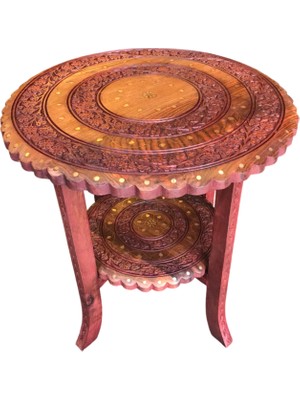 Otantik Çarşı Ahşap Oymalı Pirinç Kakmalı 2 Katlı Sehpa  44X44X47 Cm.