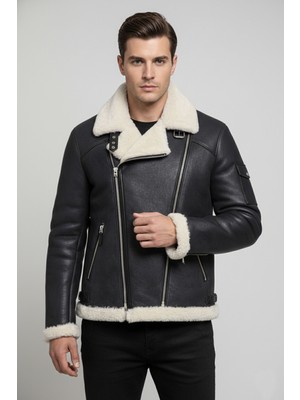 Deriderim Erkek Deri Kaban Uzun Kol Siyah Düz Tasarım Kısa Boy %100 Kuzu Kürk Malzeme