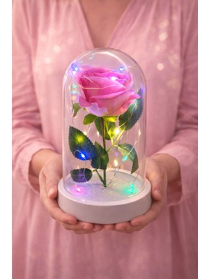 Chance Gift LED Işıklı Fanus Pembe Gül Romantik Özel Gün & Sevgililer Günü Hediyesi
