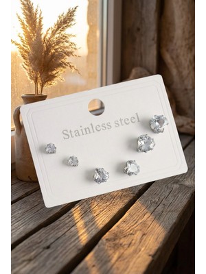 Lykos Çelik Gümüş Renk Zirkon Taşlı Kalp Model Kadın Küpe Seti