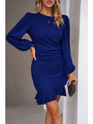 Hiccup Kadın Janes Fırfırlı Yuvarlak Yaka Mini Elbise Kobalt Mavisi