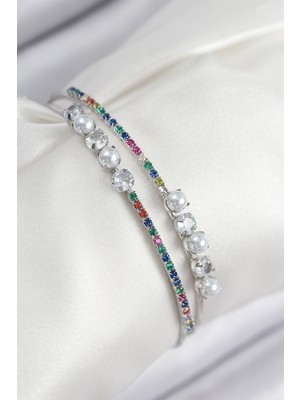 Vice Avm Pirinç Zirkon Taşlı İnci Model Gümüş Renk Kadın Bileklik - TJ-BB7876 TG-V 10761