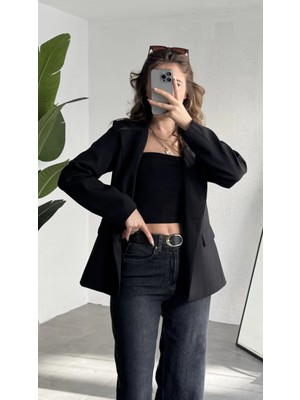 Asfa Moda Kadın Siyah Oversize Blazer Ceket Tek Düğmeli Klasik Ofis Ceketi Şık Günlük Kumaş Ceket