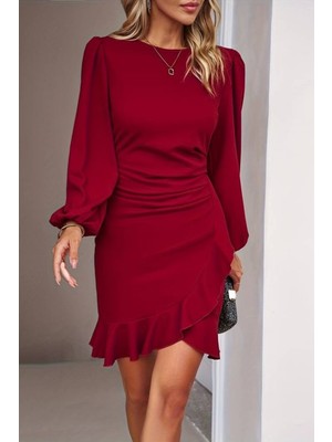 Hiccup Kadın Janes Fırfırlı Yuvarlak Yaka Mini Elbise Kırmızı