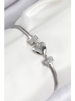 Vice Avm Pirinç Zirkon Taşlı Kalp Model Gümüş Renk Kadın Bileklik - TJ-BB7900 Tg-V 10781