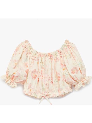 Koton Pamuklu Düşük Omuz Fırfır Detaylı Kısa Kollu Çiçekli Crop Bluz