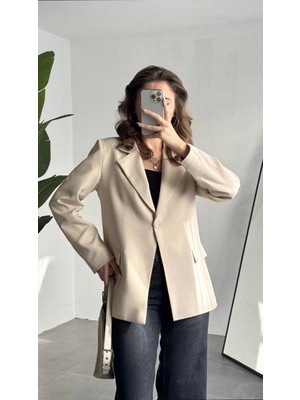 Asfa Moda Kadın Krem Oversize Blazer Ceket Tek Düğmeli Klasik Ofis Ceketi Şık Günlük Kumaş Ceket