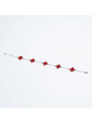 DMR Elegance 925 Ayar Kırmızı Mineli Altın Kaplama Yonca Gümüş Kadın Bileklik