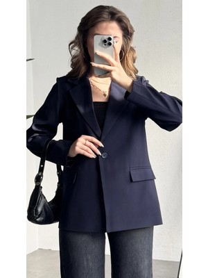 Asfa Moda Kadın Lacivert Oversize Blazer Ceket Tek Düğmeli Klasik Ofis Ceketi Şık Günlük Kumaş Ceket