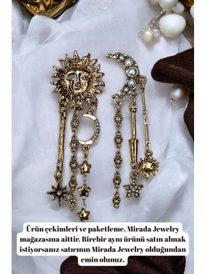Vintage Inci Detaylı Sallantılı Güneş Ay ve Yıldız Küpe