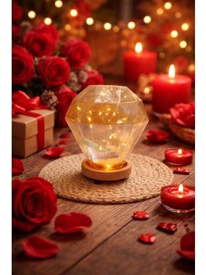 Seymen Bıçakçılık Elmas Şeklinde LED Işıklı Cam Dekoratif Lamba | Ahşap Tabanlı Şık Ortam Aydınlatması