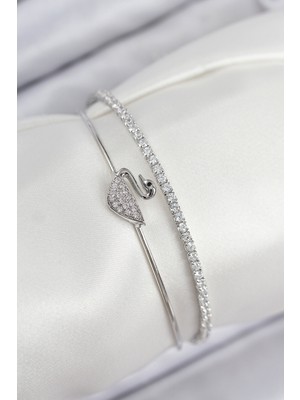 Vice Avm Pirinç Zirkon Taşlı Kuğu Model Gümüş Renk Kadın Bileklik - TJ-BB7890 TG-V 10771