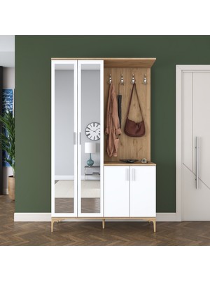 Rani EA147 Modern Portmanto 4 Kapaklı Aynalı Raflı Askılı Ayakkabılık Vestiyer Sepet Ceviz - Beyaz