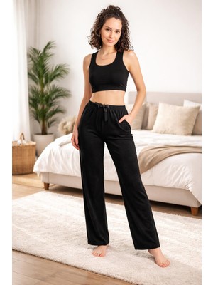 Premium Fransız Kadife Siyah Kadın Pijama Altı