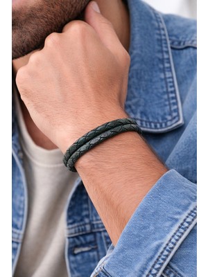 Herşey Nota Koyu Yeşil Hakiki Deri Örgü Erkek Bileklik – Mıknatıslı TOKALI-658