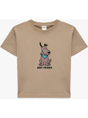 Koton Erkek Çocuk Kısa Kollu Oversize Pamuklu Tişört Kahve Renk Günlük Stil