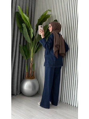 Molly Nelly Kadın Lacivert Kot Pantolon Bağcık Detaylı Bluz Takım