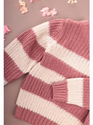 Selanik Çizgili Triko Kazak 2-8 Yaş Gül Kurusu