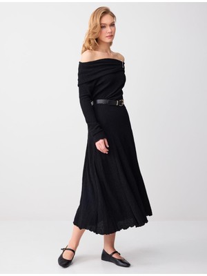 Jimmy Key Siyah Rahat Kesim Normal Bel Midi Örme Etek