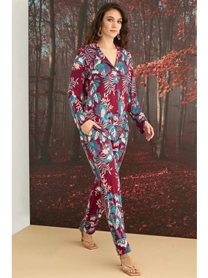 Amora Secret Özel Tasarım  Çiçek ve Yaprak Desenli Önü Düğmeli Pijama Takımı