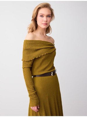 Jimmy Key Yağ Yeşili Dar Kesim Dökümlü Yaka Kemer Detaylı Örme Bluz