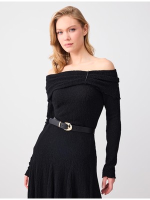 Jimmy Key Siyah Dar Kesim Dökümlü Yaka Kemer Detaylı Örme Bluz