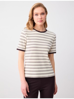 Jimmy Key Krem Rengi Bisiklet Yaka Kısa Kollu Çizgi Desenli Örme Bluz