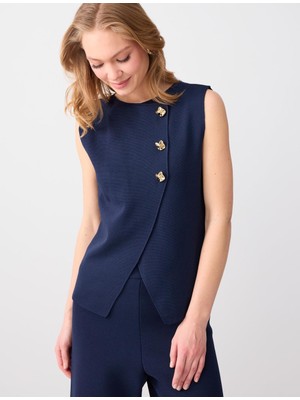 Jimmy Key Lacivert Düğme Detaylı Triko Yelek