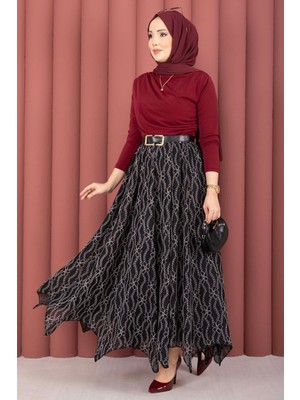 Md Asimetrik Kesim Dantel Desenli Etek Siyah