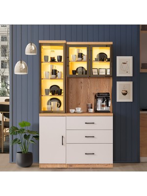 Setay Vitrinli Ünite, Adrea Kahve Köşesi + Çok Amaçlı Raflı Tek Kapaklı Dolap