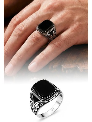 Silvera Telkari 925 Ayar Gümüş Oniks Taşlı Işlemeli Erkek Yüzük ST407