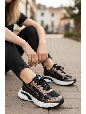 KAFKASLAR AYAKKABI Kalın Yüksek Tabanlı Yeni Model Ortopedik Bakır Renk Bayan Sneaker Spor Ayakkabı
