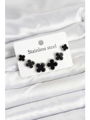 Vice Avm 316L Çelik Gümüş Siyah Renk 3 Boy Yonca Küpe Seti - TJ-BKP11234 TG-V 10892