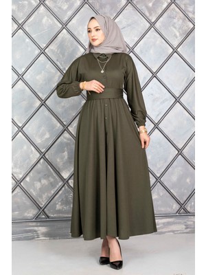 Md Boydan Düğmeli Kuşaklı Tesettür Elbise Haki