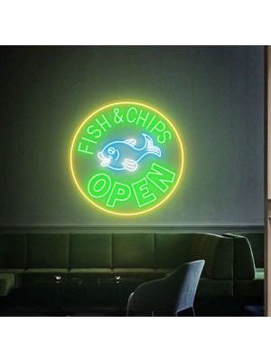 Biz Bu İşin Keyif Kısmındayız Fısh&chıps Open Yazılı ve Şekilli Neon Tabela