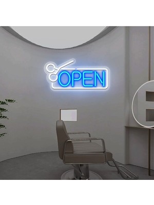 Biz Bu İşin Keyif Kısmındayız Open Yazılı Makas Figürlü Neon Tabela