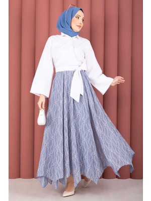 Md Asimetrik Kesim Dantel Desenli Etek Indigo